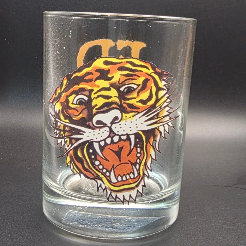 Ed Hardy Whiskey Glasses Set of 3 Clear Gold Tattoo Art Tiger Cobra Gorilla Good